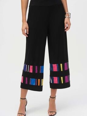 Joseph Ribkoff Black Wide-Leg Cropped Pants Multicolor Hem Dopamine Dressing